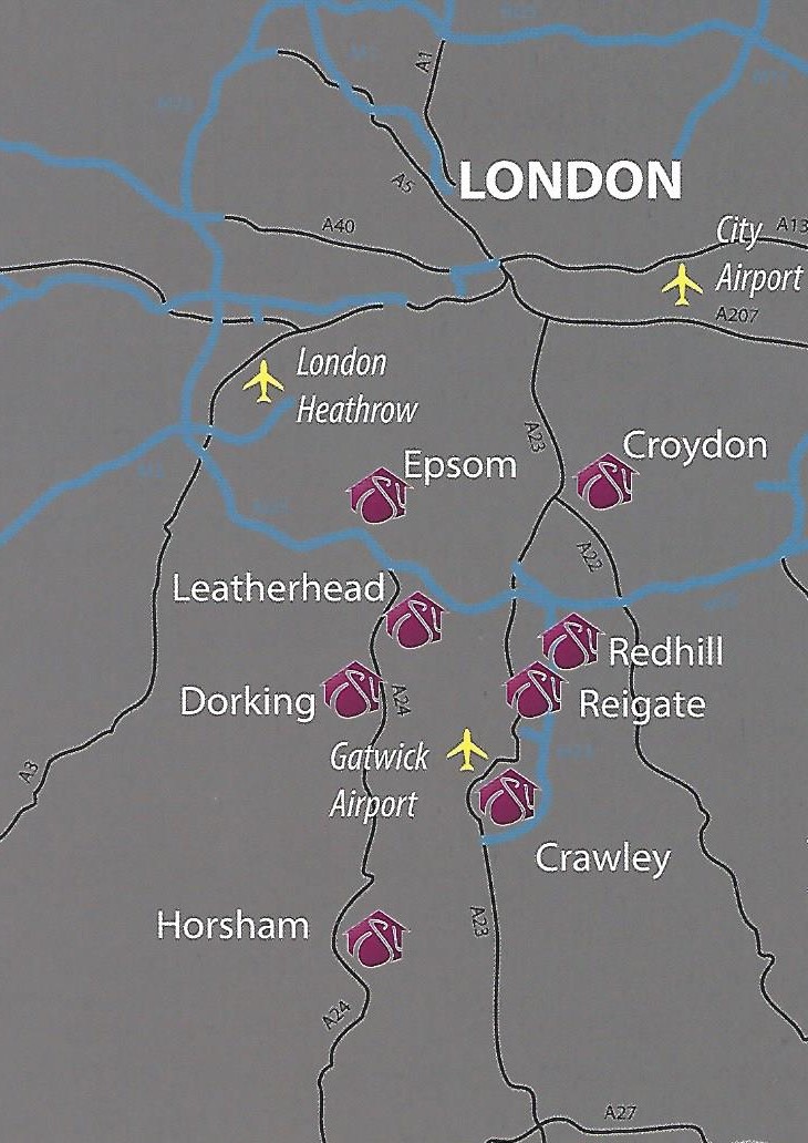 Surrey Map showing Apartments to Rent in Croydon, Gatwick, Redhill, Reigate and Crawley